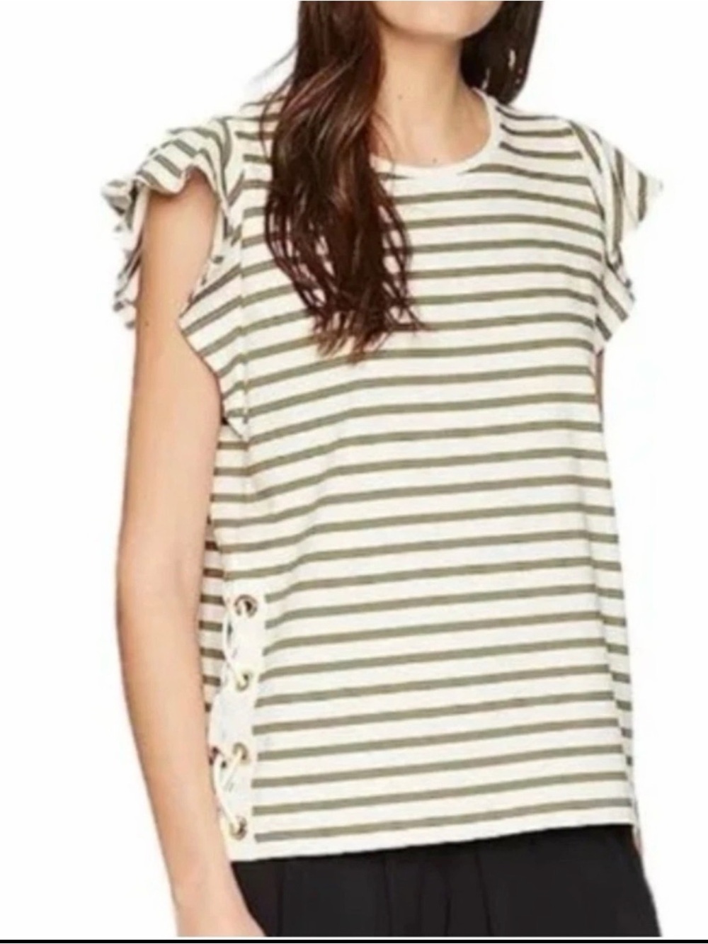 Lauren Ralph Lauren Stripe Flutter Sleeve Tee Olive White Cotton Top Size Large